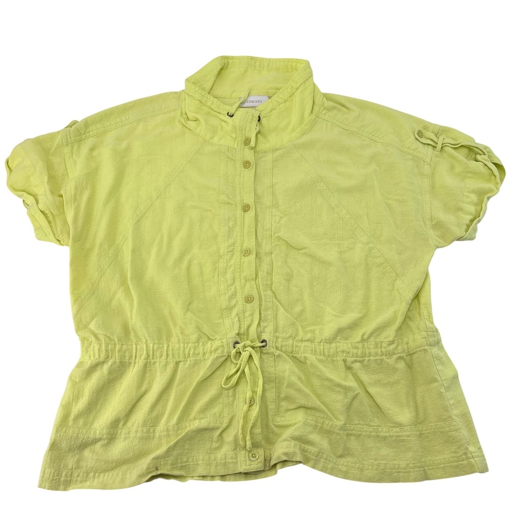 Chicos Lime Yellow Cotton Button Up Drawstring Waist Top Size 3 XL 14-16